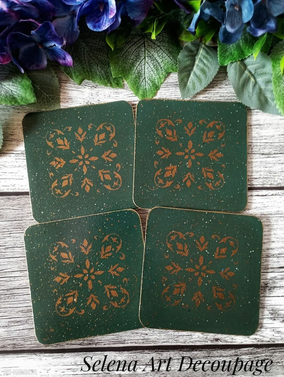 Dekoracyjne podkładki decoupage w stylu vintage - zielony komplet 4 szt.