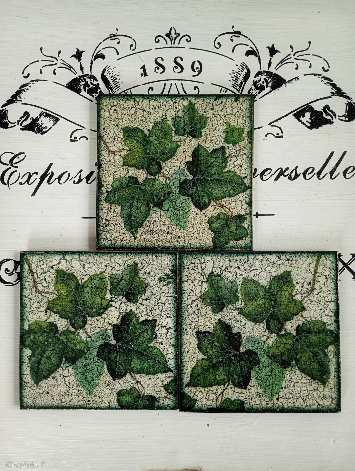 Dekoracyjne podkładki decoupage z kogutami farmhouse - komplet 3 sztuk (10x10 cm)