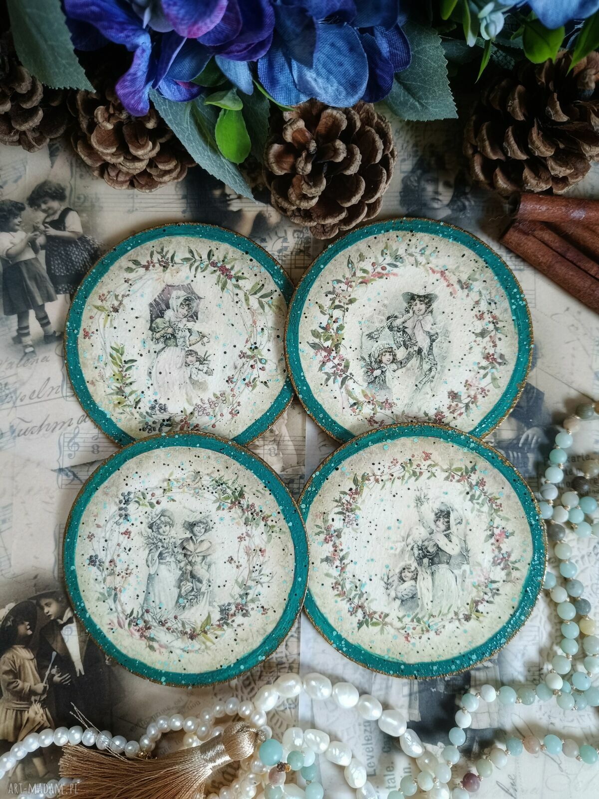 Okrągłe podkładki pod kubki decoupage vintage - komplet 4 sztuk