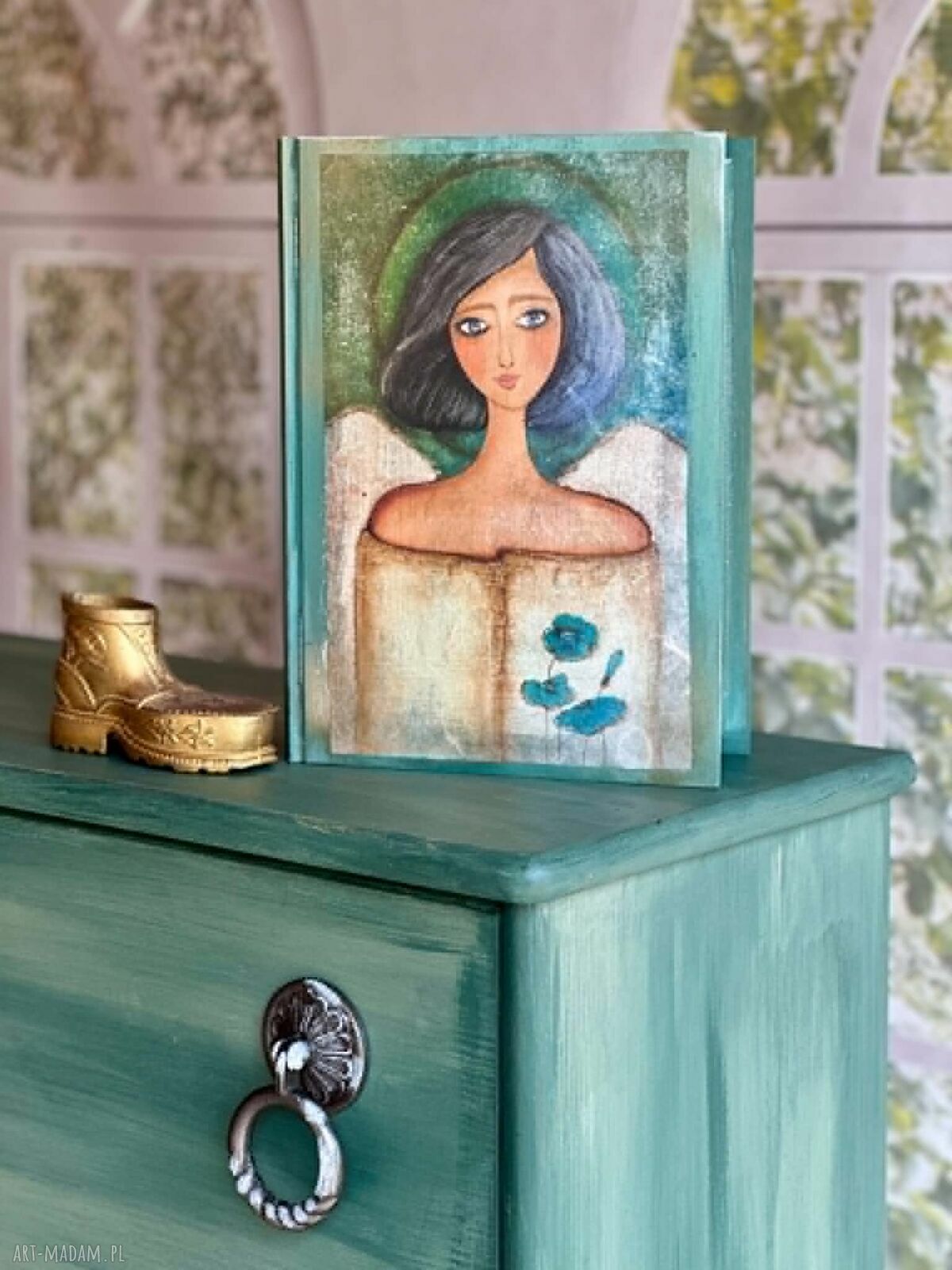 Drewniany kufer-książka z aniołem w stylu shabby chic - prezent dla niej
