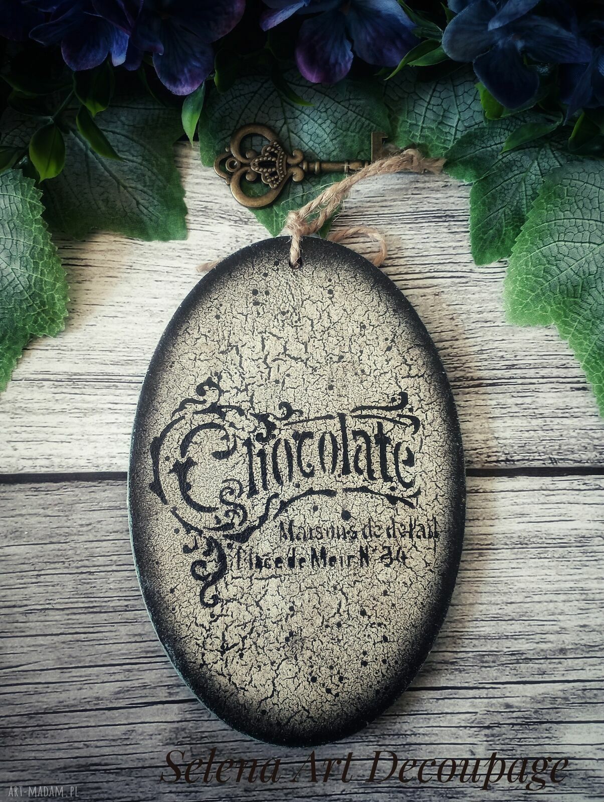 Dekoracyjny medalion - zawieszka w stylu shabby chic (decoupage), 12x18 cm