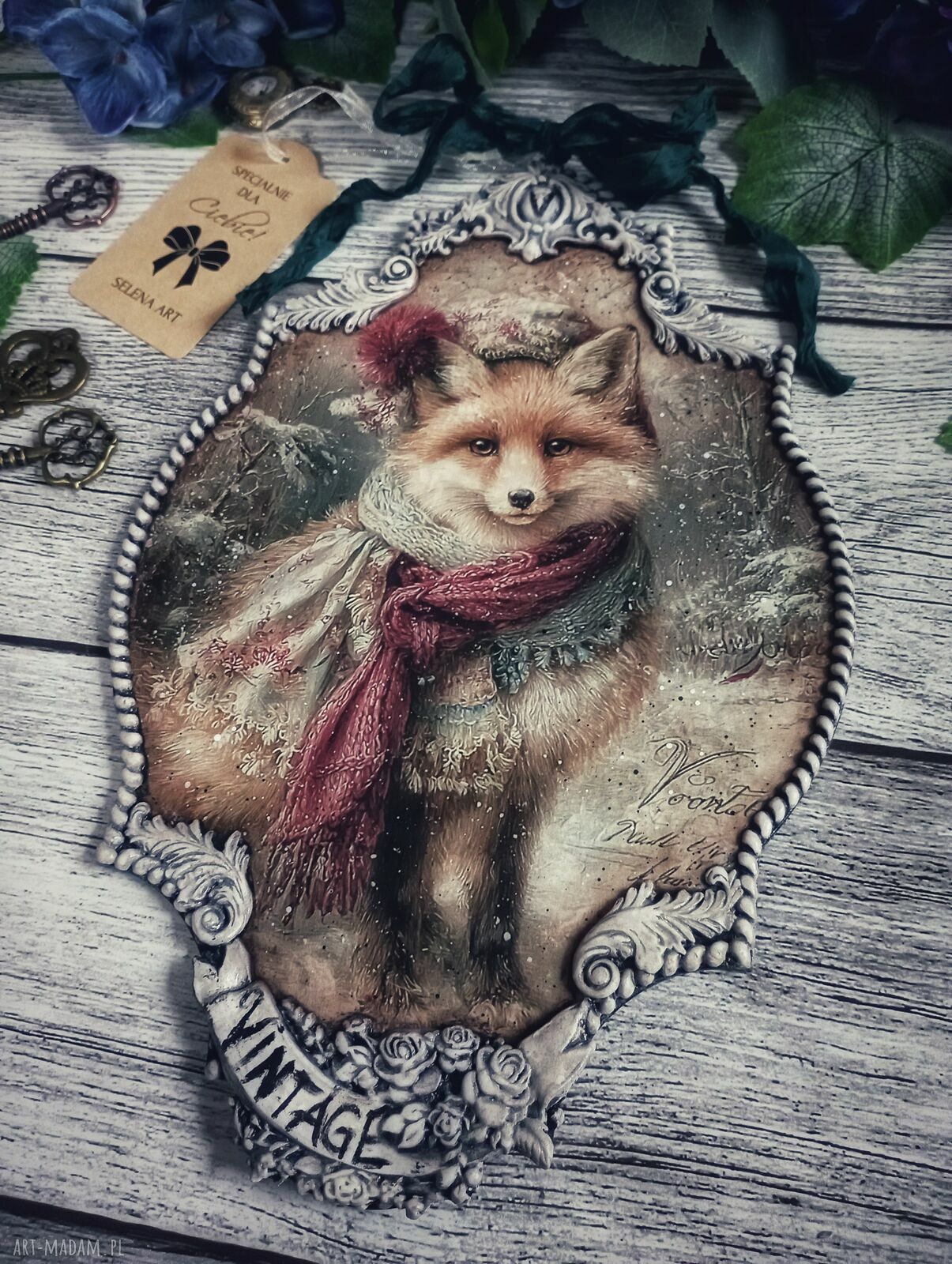 Dekoracyjny medalion vintage z lisem - rękodzieło decoupage 20x30 cm
