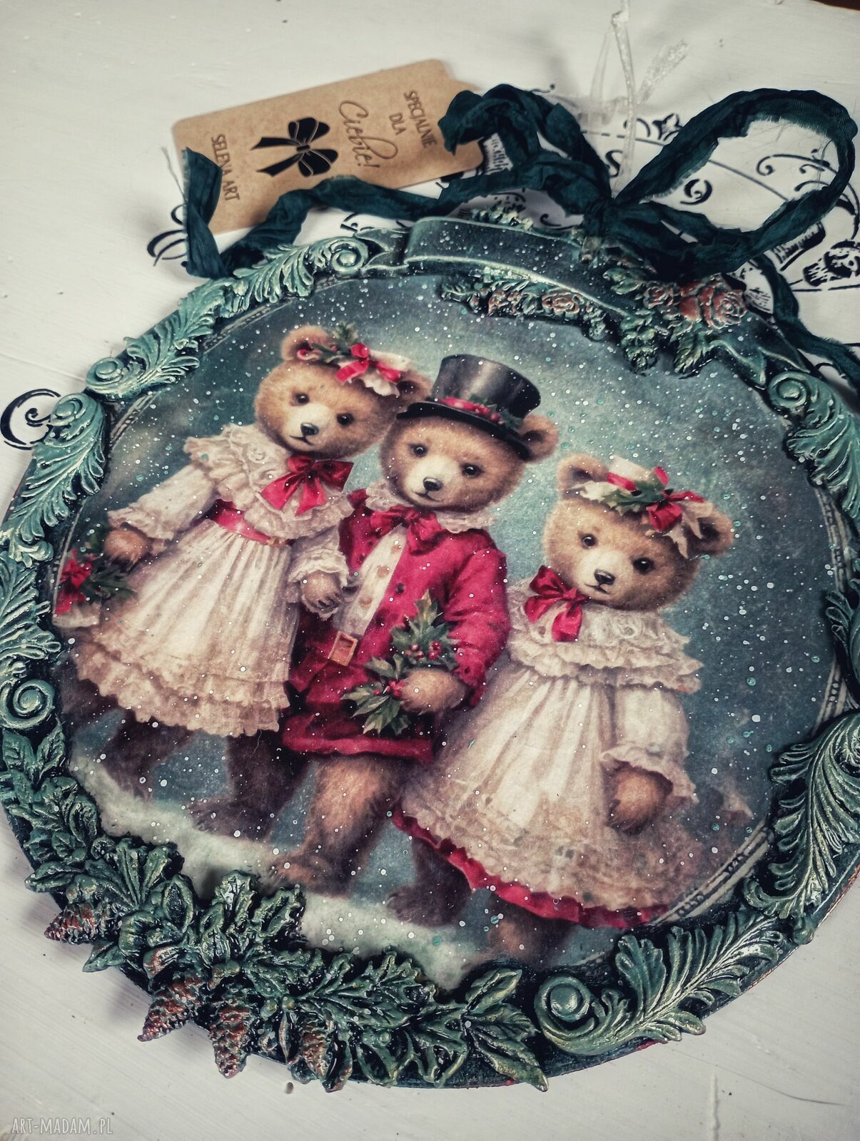 Dekoracyjny medalion vintage z misiami 20 cm w stylu shabby chic