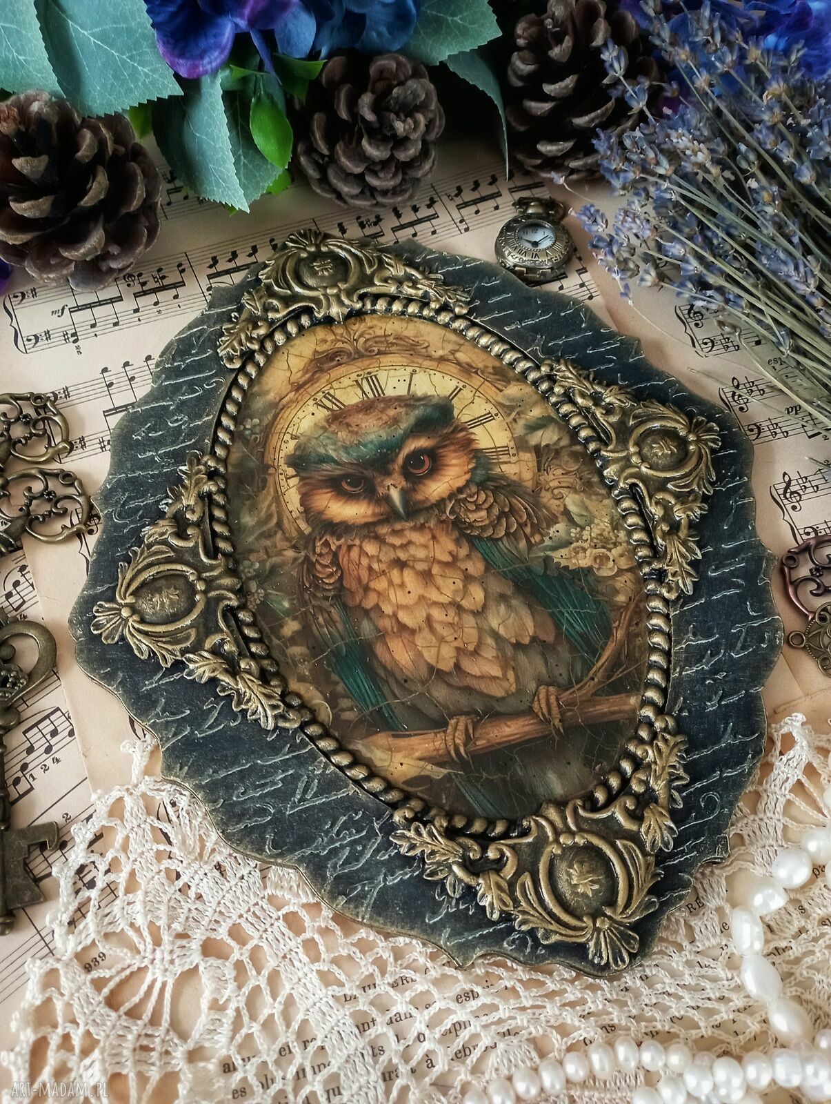 Dekoracyjny medalion prowansalski z sówką - ręczny decoupage 20x24 cm