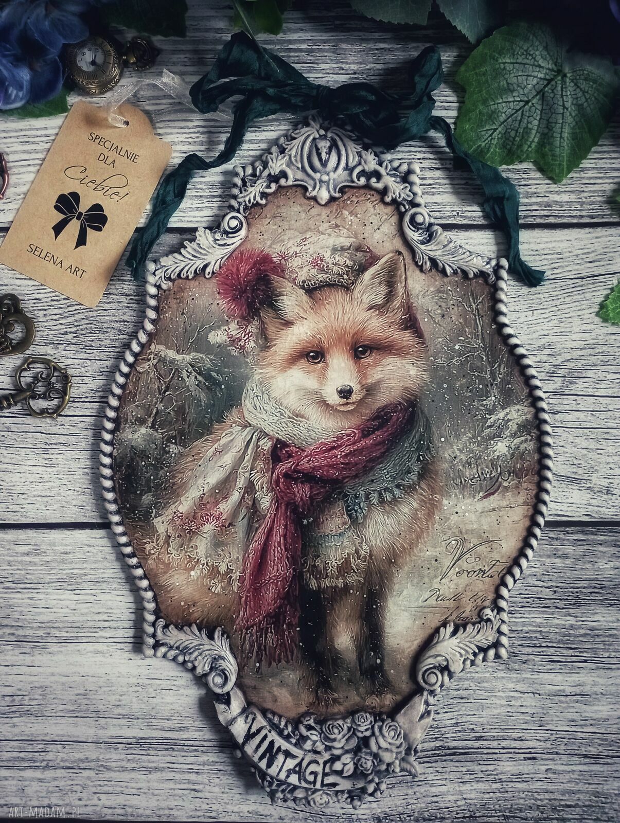 Dekoracyjny medalion vintage z lisem - rękodzieło decoupage 20x30 cm