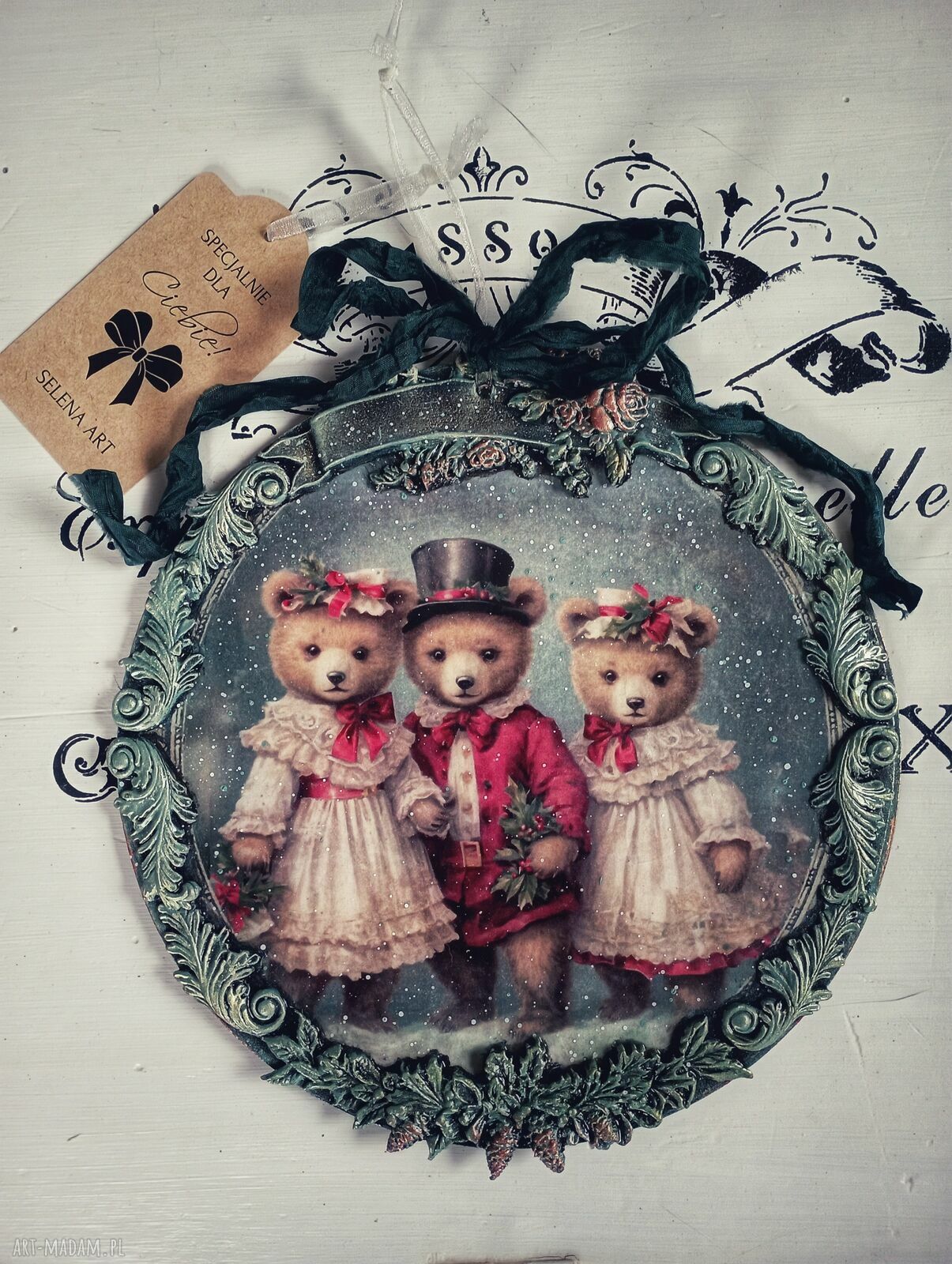 Dekoracyjny medalion vintage z misiami 20 cm w stylu shabby chic