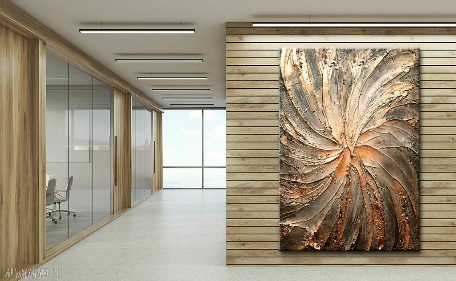 Dekoracyjny obraz do salonu z płaskorzeźbą - złoto i miedź 80 x 120 cm