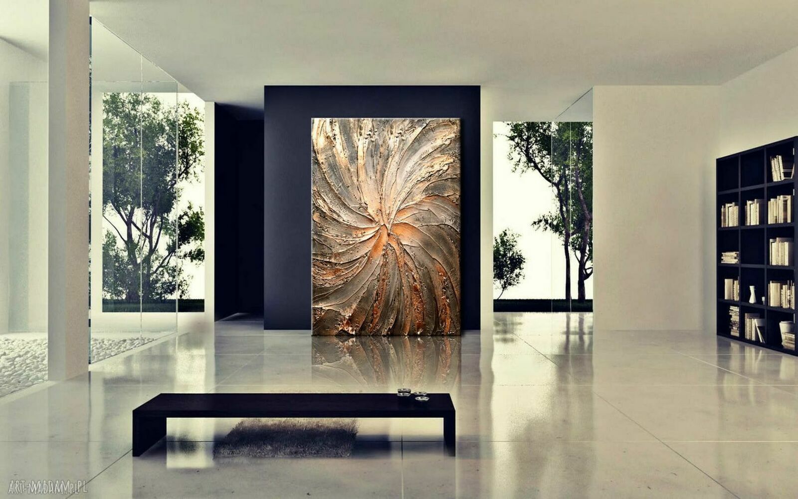 Dekoracyjny obraz do salonu z płaskorzeźbą - złoto i miedź (80 x 120 cm)