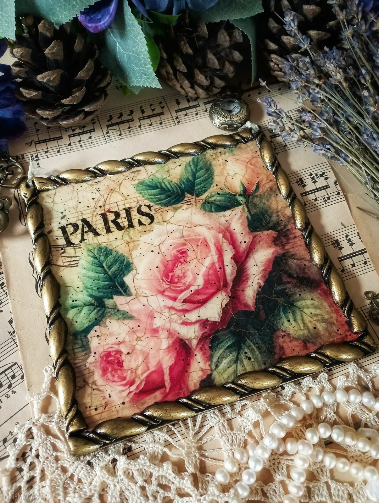 Dekoracyjny obrazek z różami Paris - prowansja, shabby chic i decoupage