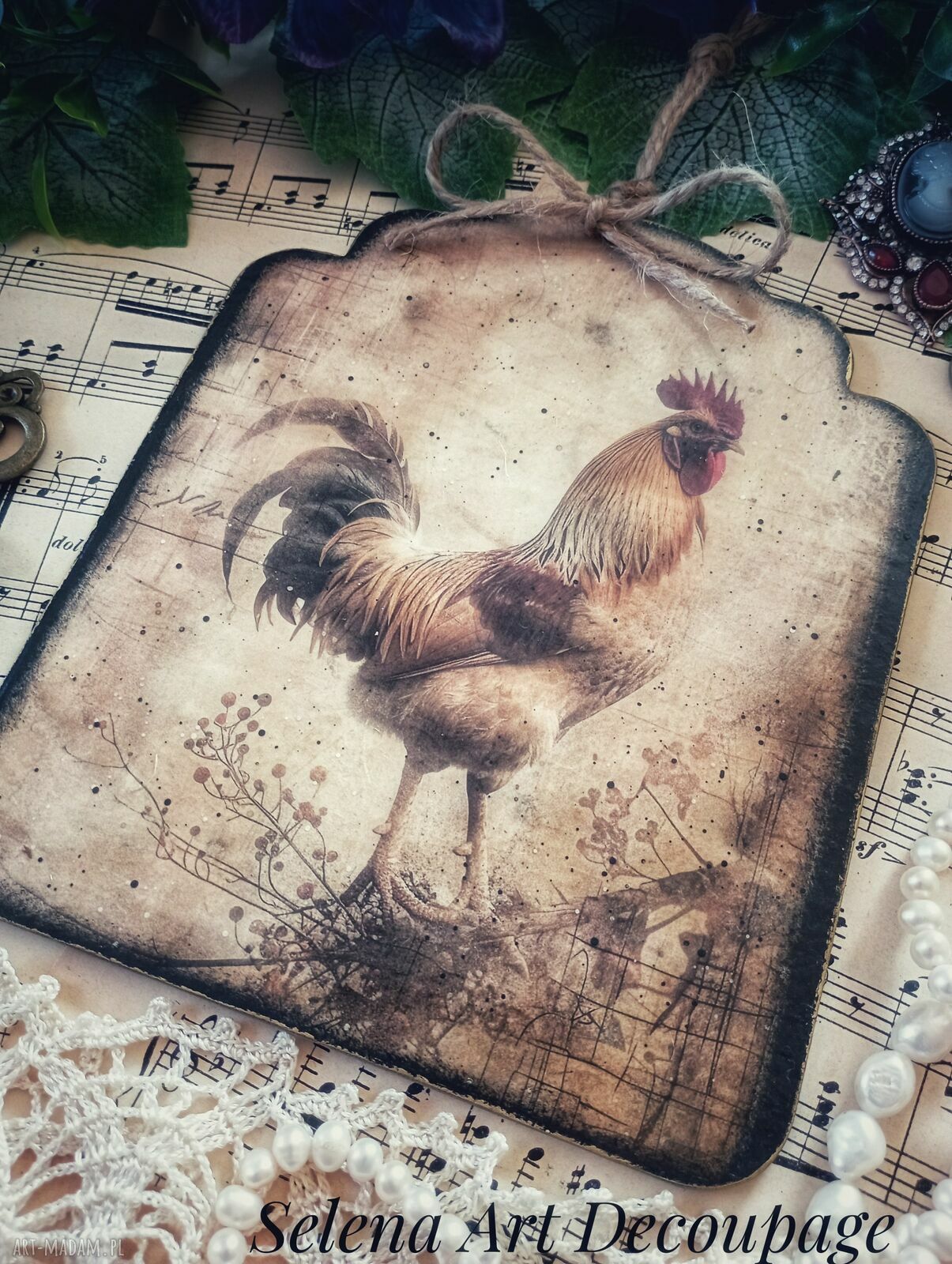 Dekoracyjny obrazek decoupage z kogutem - shabby chic i farmhouse