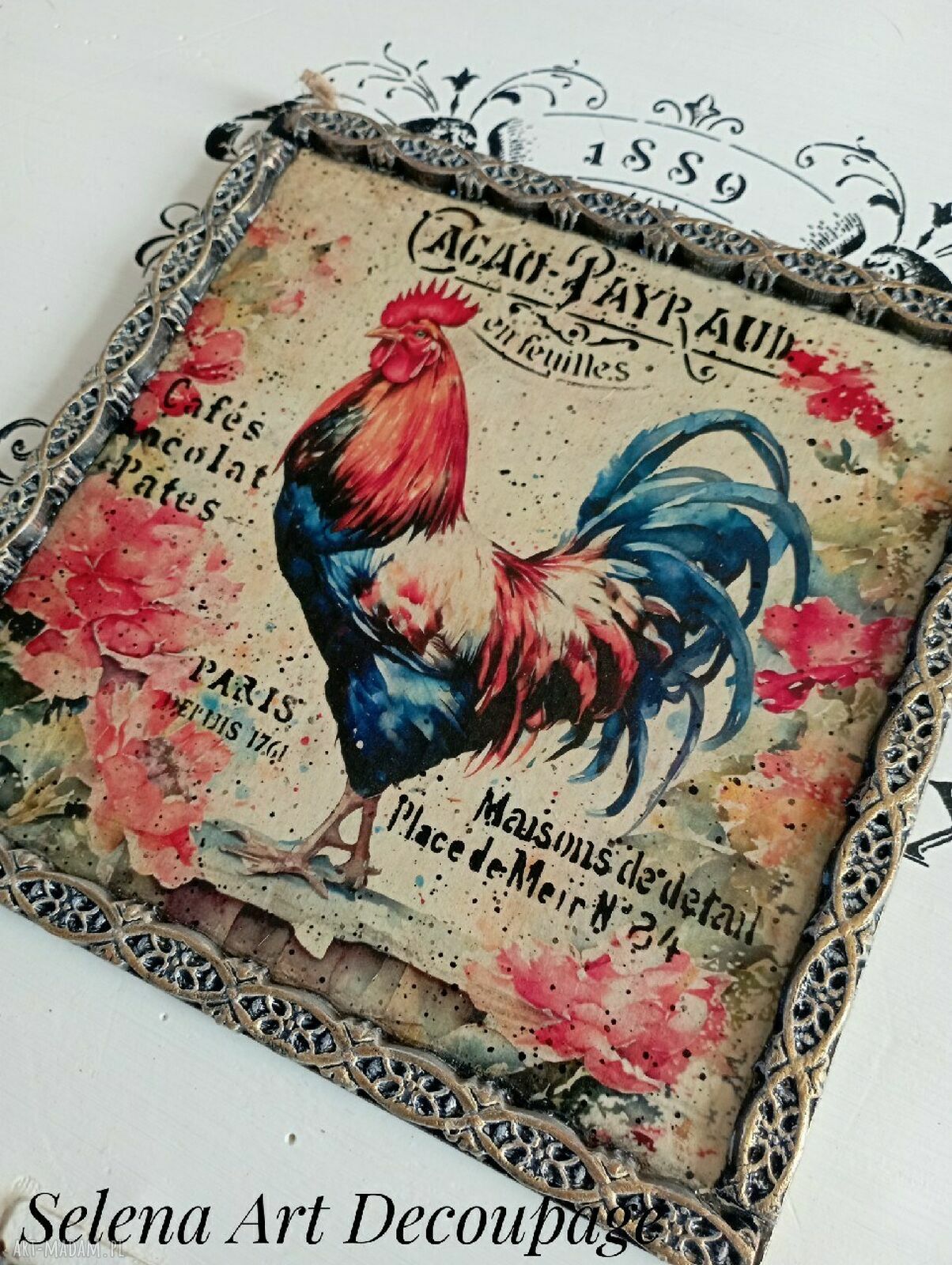 Dekoracyjny obrazek decoupage z kogutem w stylu prowansalskim - vintage shabby chic 20x20 cm