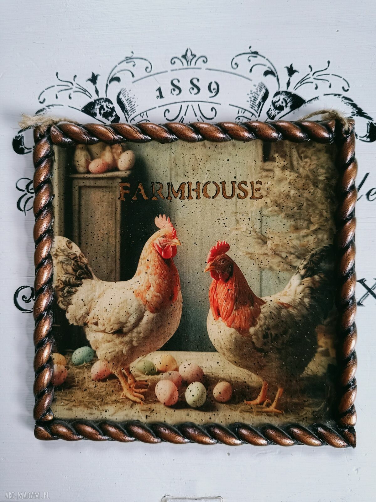 Dekoracyjny obrazek decoupage z kurami - styl farmhouse