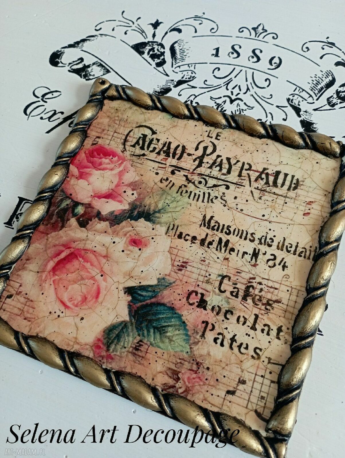Dekoracyjny obrazek z różami vintage - decoupage 15x15 cm (farmhouse, prowansja)