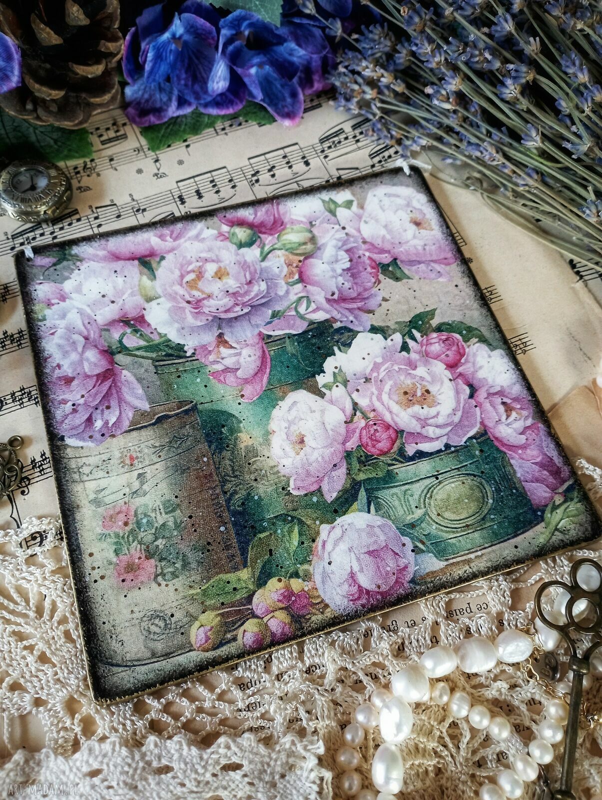 Dekoracyjny obrazek decoupage z piwoniami - shabby chic vintage 15 x 15 cm