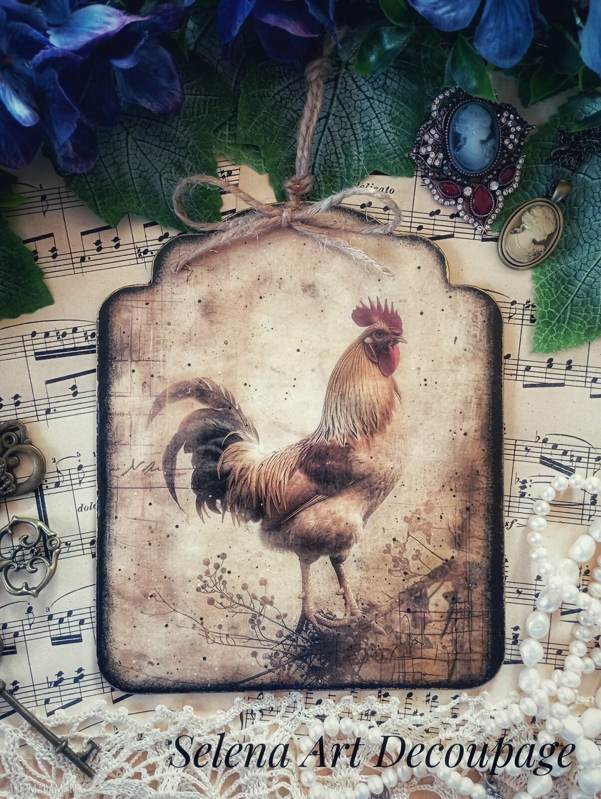 Dekoracyjny obrazek decoupage z kogutem - shabby chic i farmhouse