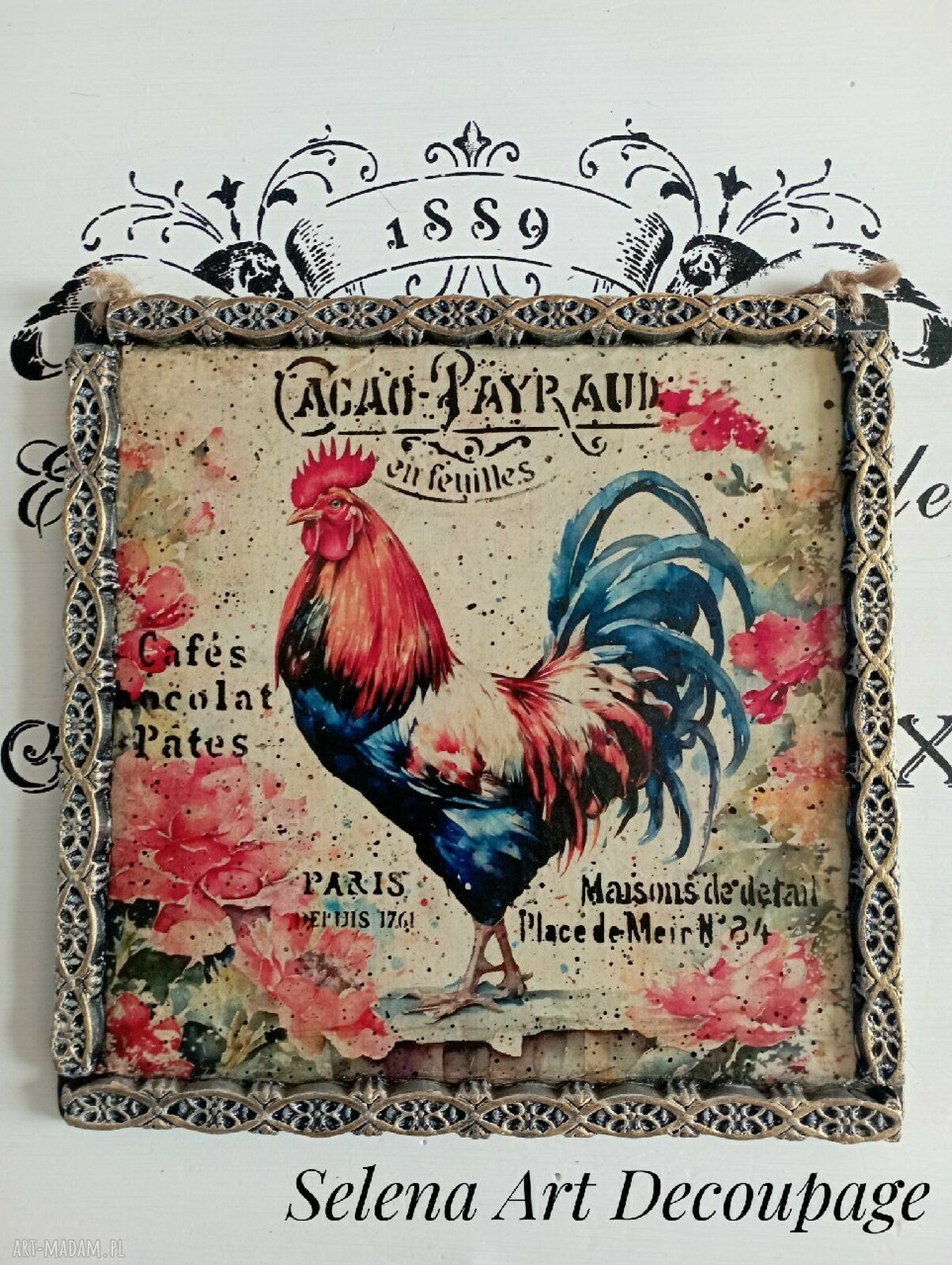 Dekoracyjny obrazek decoupage z kogutem w stylu prowansalskim - vintage shabby chic 20x20 cm