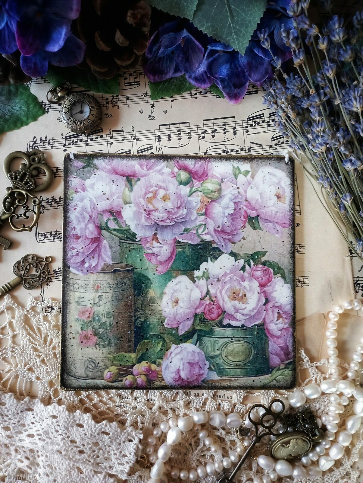 Dekoracyjny obrazek decoupage z piwoniami - shabby chic vintage 15 x 15 cm