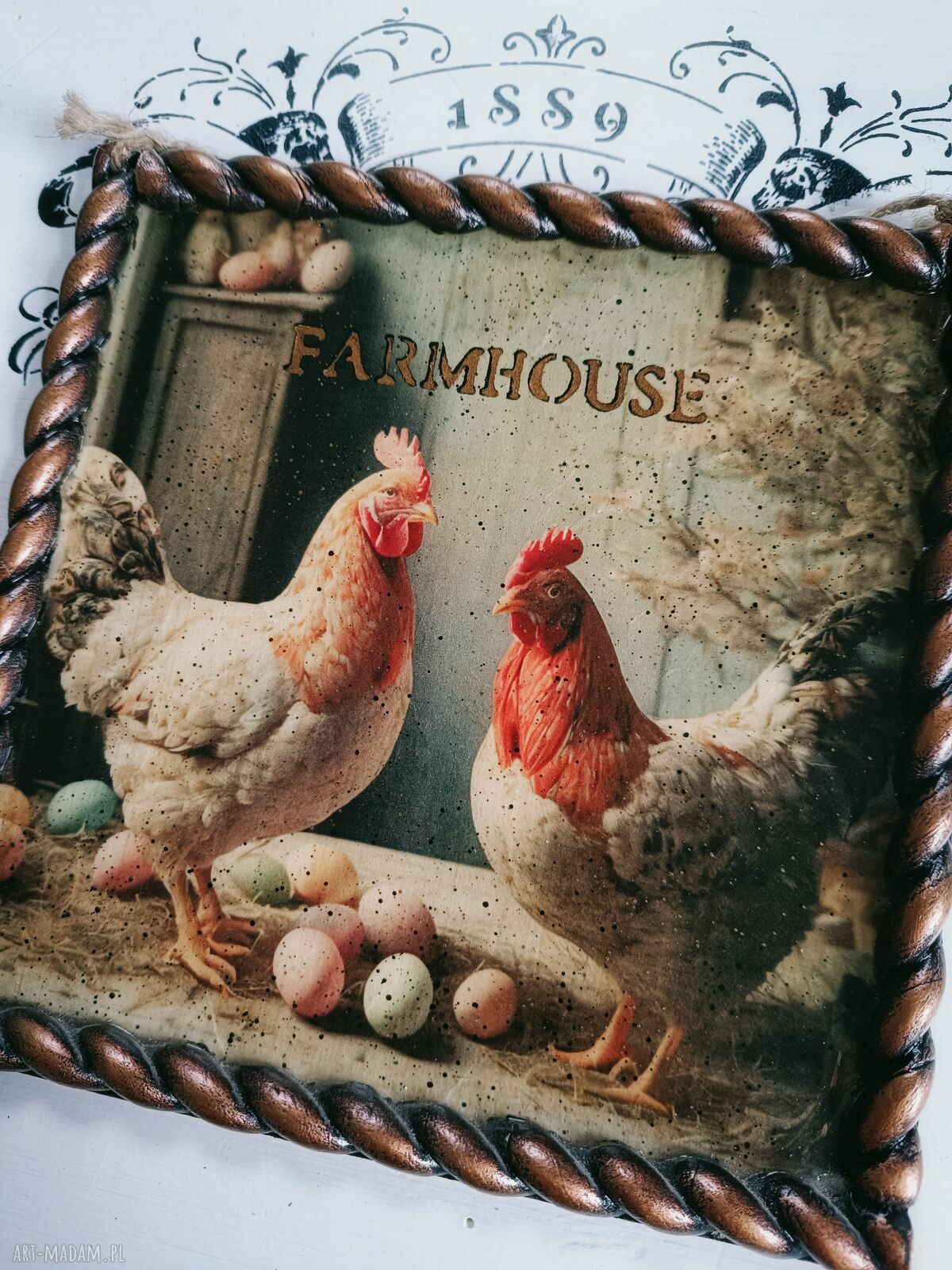 Dekoracyjny obrazek decoupage z kurami - styl farmhouse