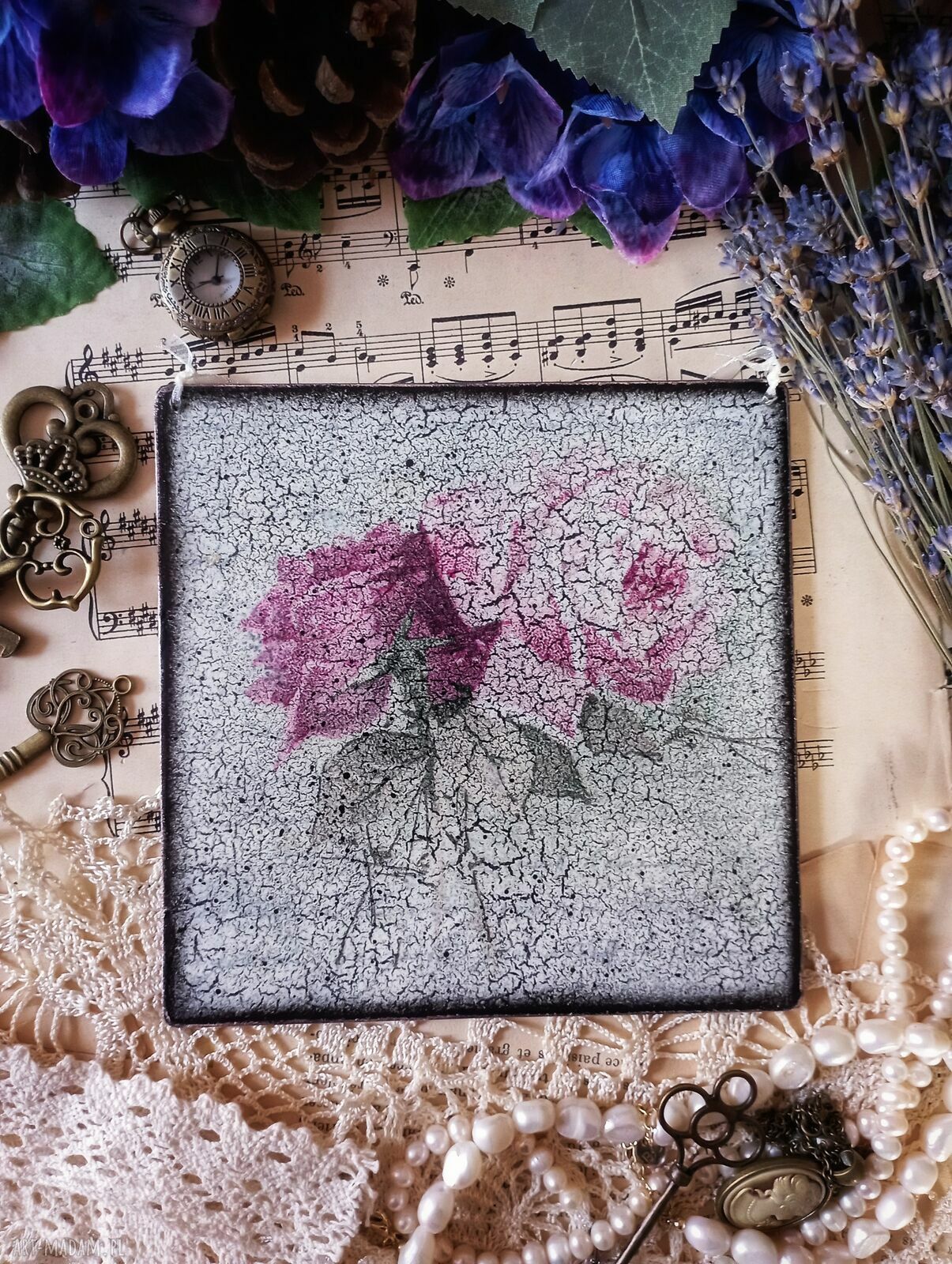 Dekoracyjny obrazek shabby chic z kwiatami - ręcznie robiony decoupage 15x15 cm