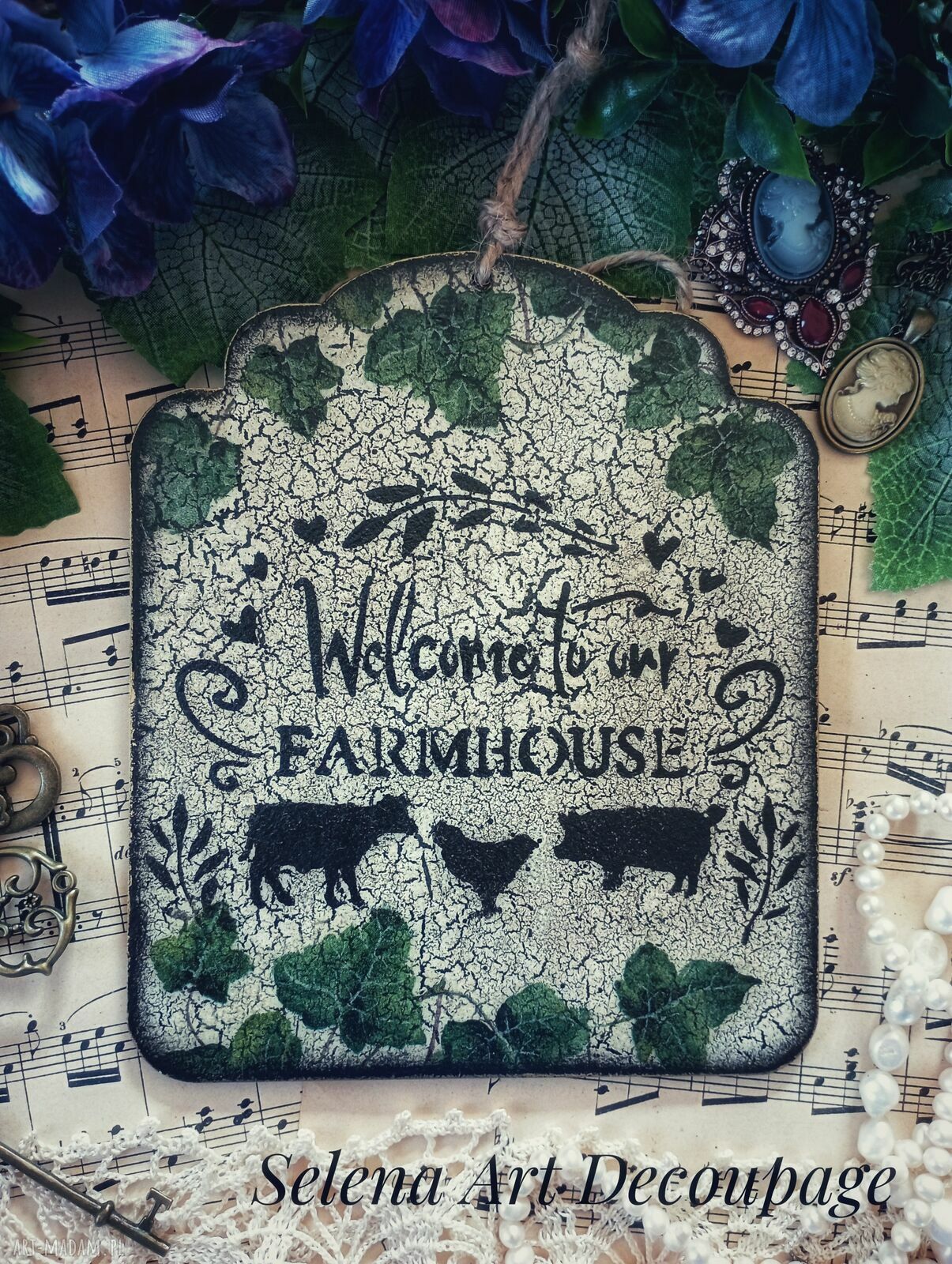 Dekoracyjny obrazek decoupage z kogutem - shabby chic i farmhouse