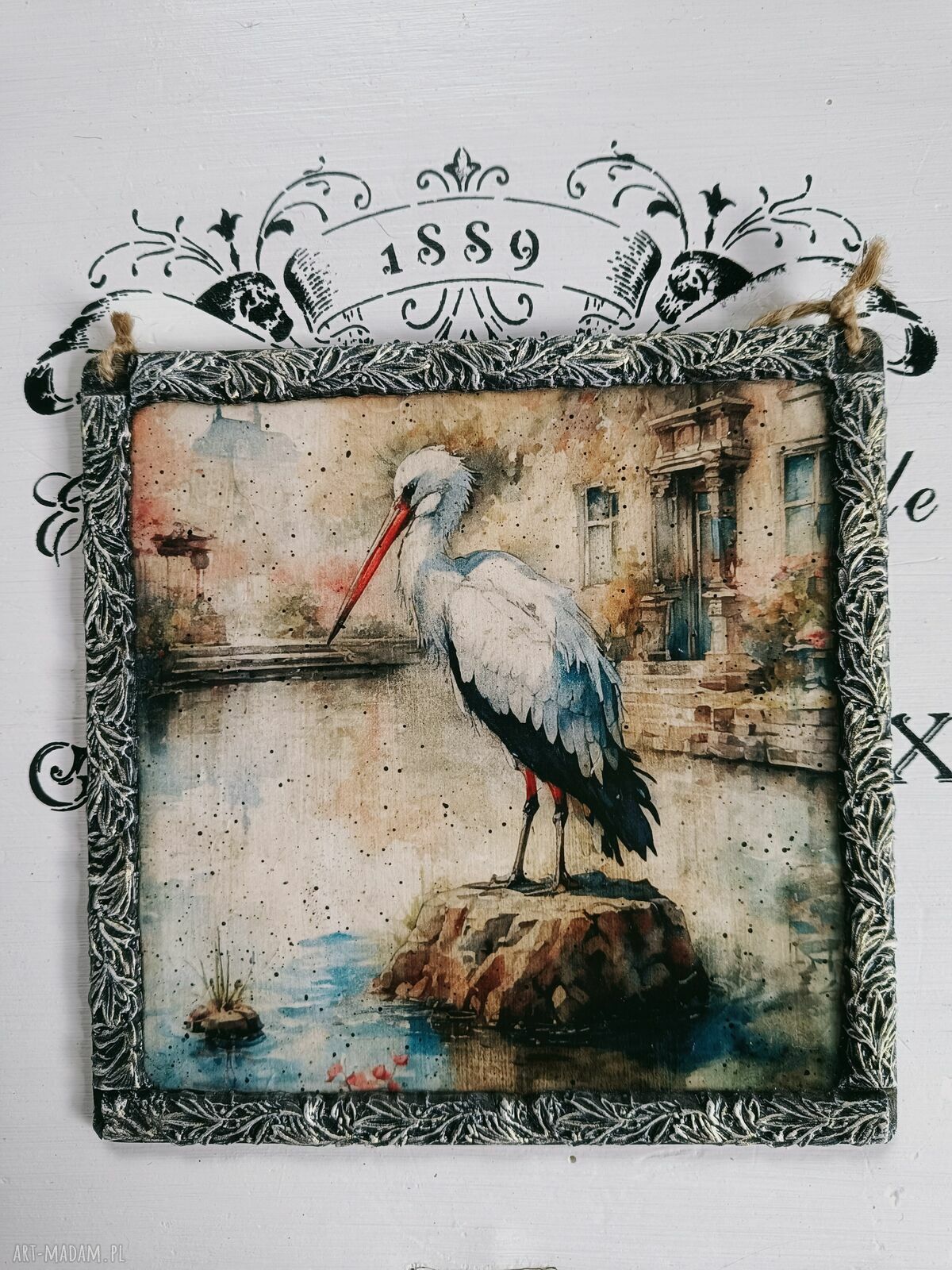Dekoracyjny obrazek z bocianem w stylu vintage