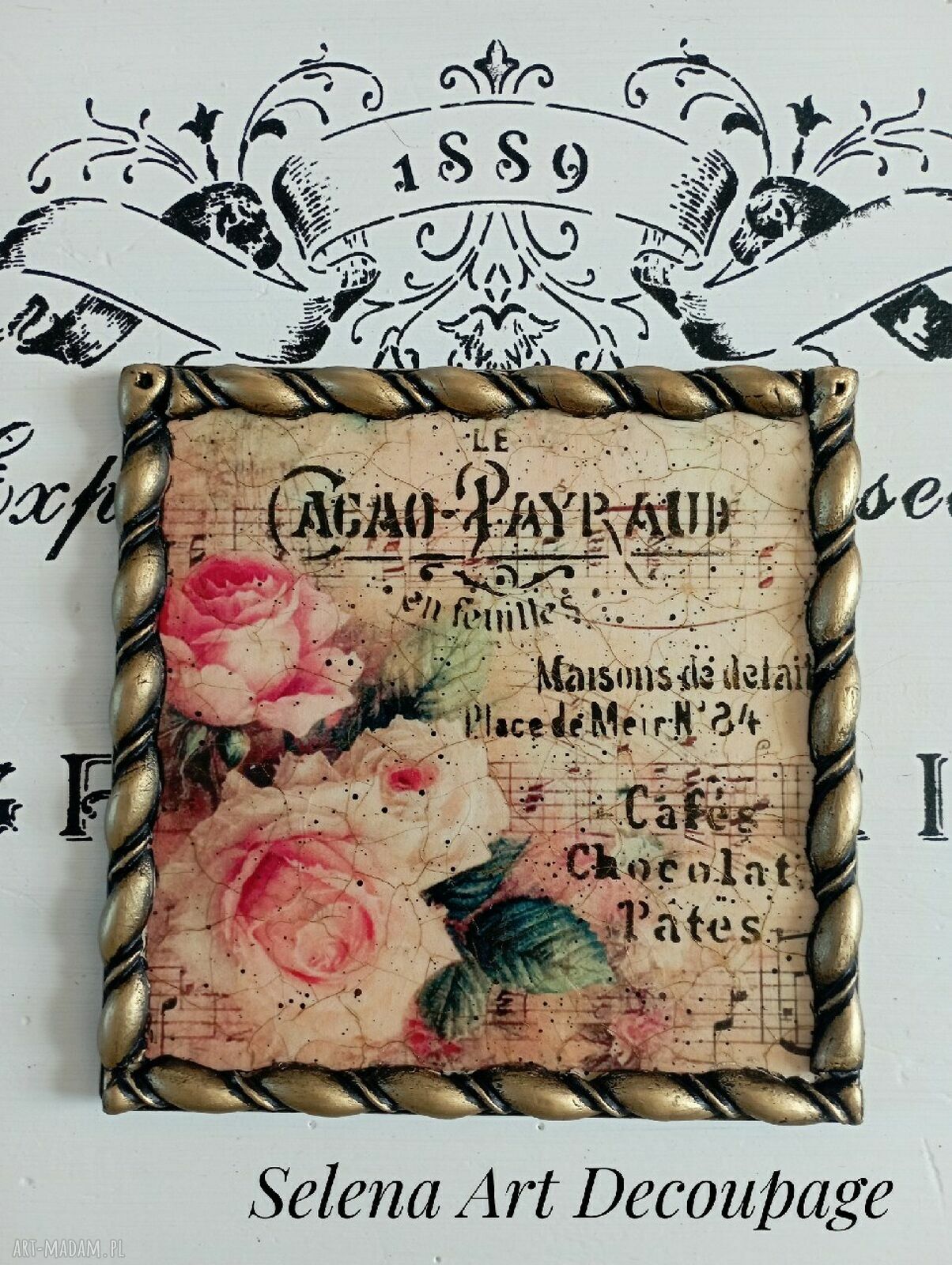 Dekoracyjny obrazek z różami vintage - decoupage 15x15 cm farmhouse, prowansja