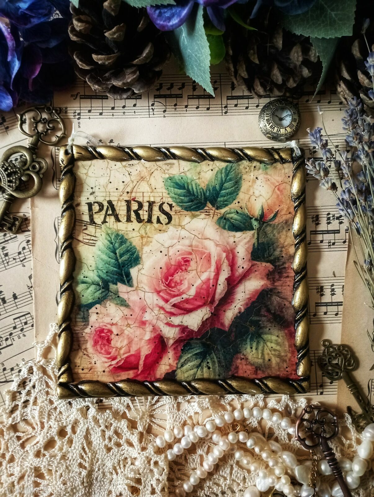 Dekoracyjny obrazek z różami Paris - prowansja, shabby chic i decoupage