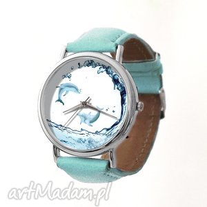 delfiny - skórzany zegarek z dużą tarczą