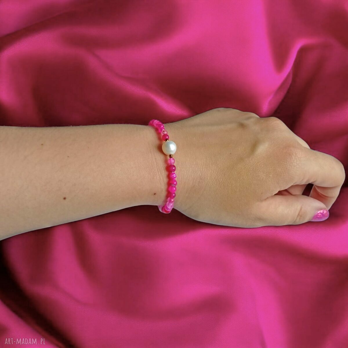 Delikatny komplet bransoletka i kolczyki Fuchsia & Pearl z różowego agatu i pereł słodkowodnych