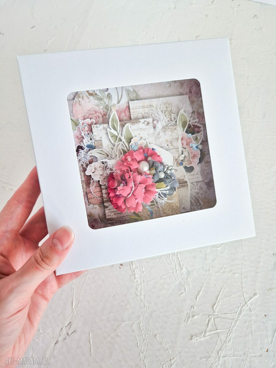 Delikatna kartka shabby chic w pudełku beż i pudrowy róż, ręcznie robiona