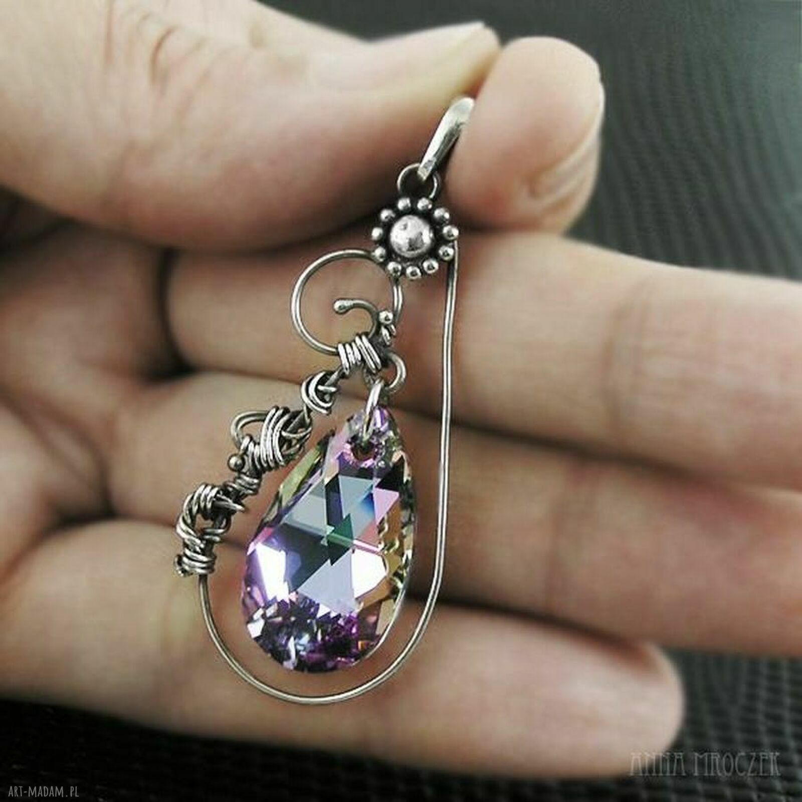 Delikatna łza: kryształ Swarovski w srebrze 999-930 - wire wrapping