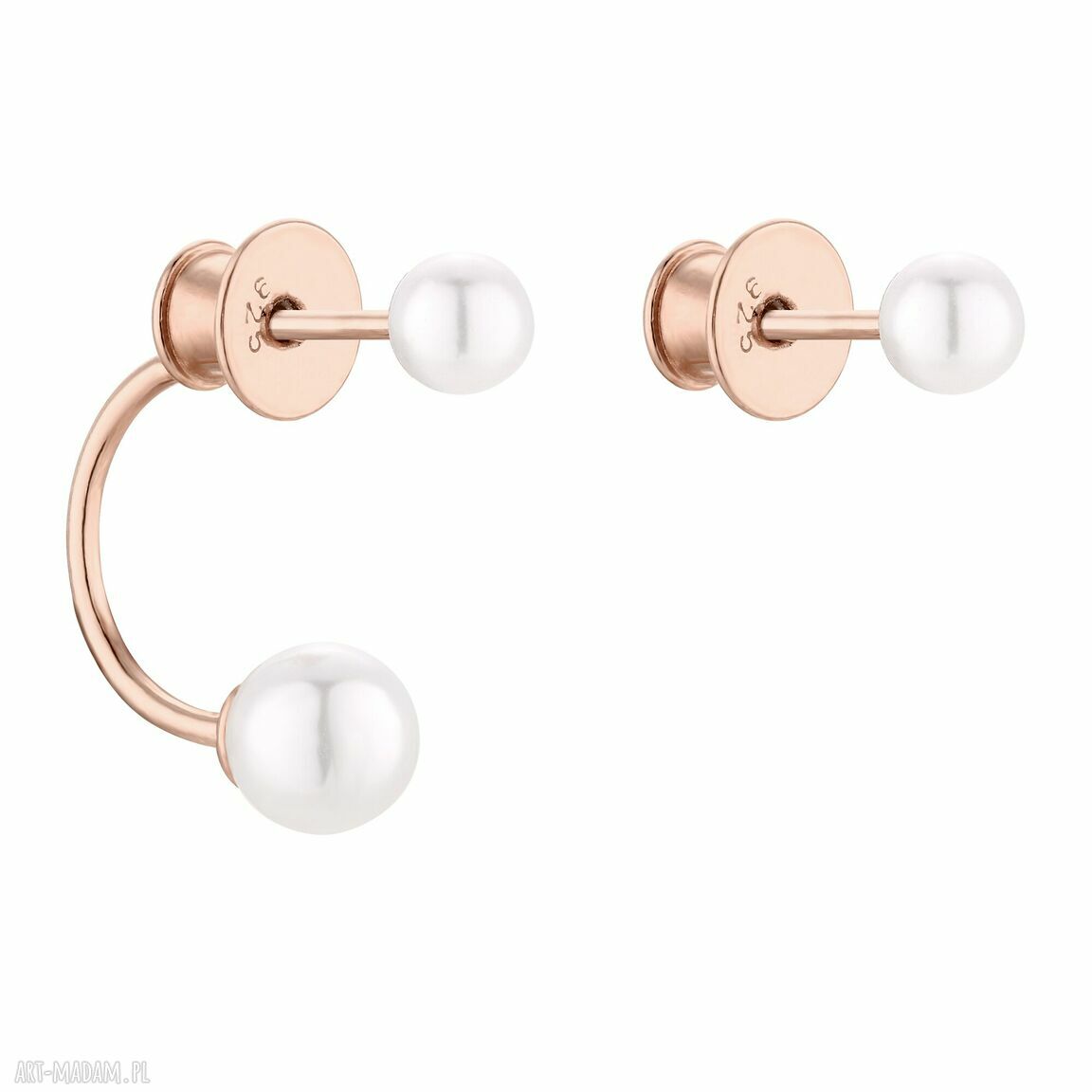 Asymetryczne kolczyki z różowego złota - srebro 925 i perły Swarovski Crystal 4 i 6 mm