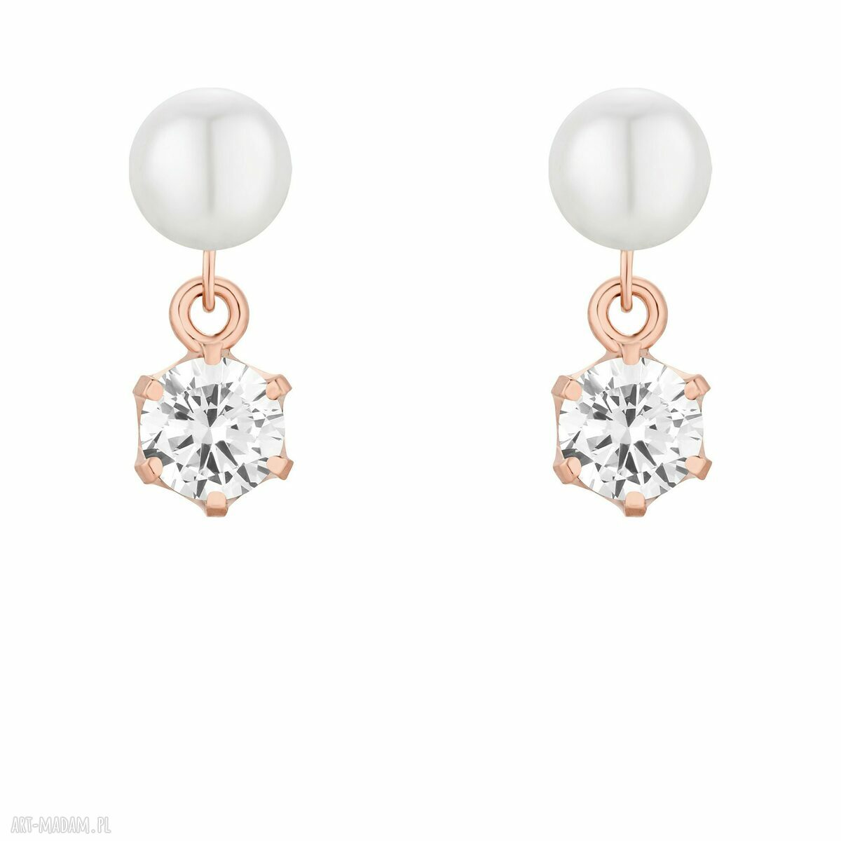 Kolczyki różowego złota perły bezbarwnymi cyrkoniami pozłacany