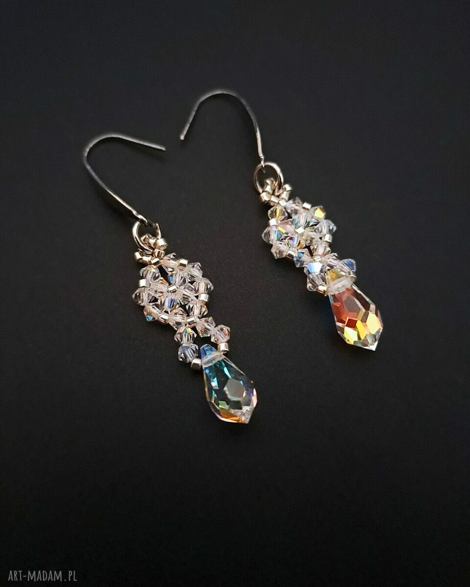 Delikatne wiszące kolczyki ślubne - koraliki Miyuki i kryształki Preciosa Crystal AB
