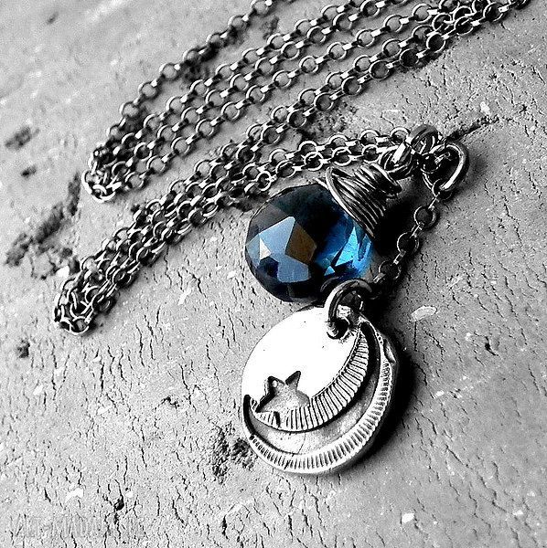 Noc srebro kwarc granatowy naszyjnik księżyc gwiazdka srebrny