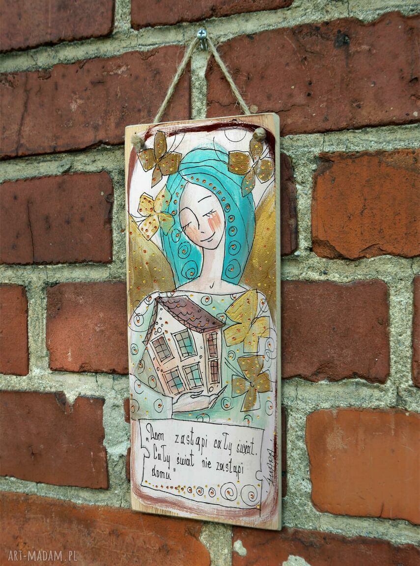 Deseczka „Dom zastąpi...” - dekoracja handmade z motywem anioła