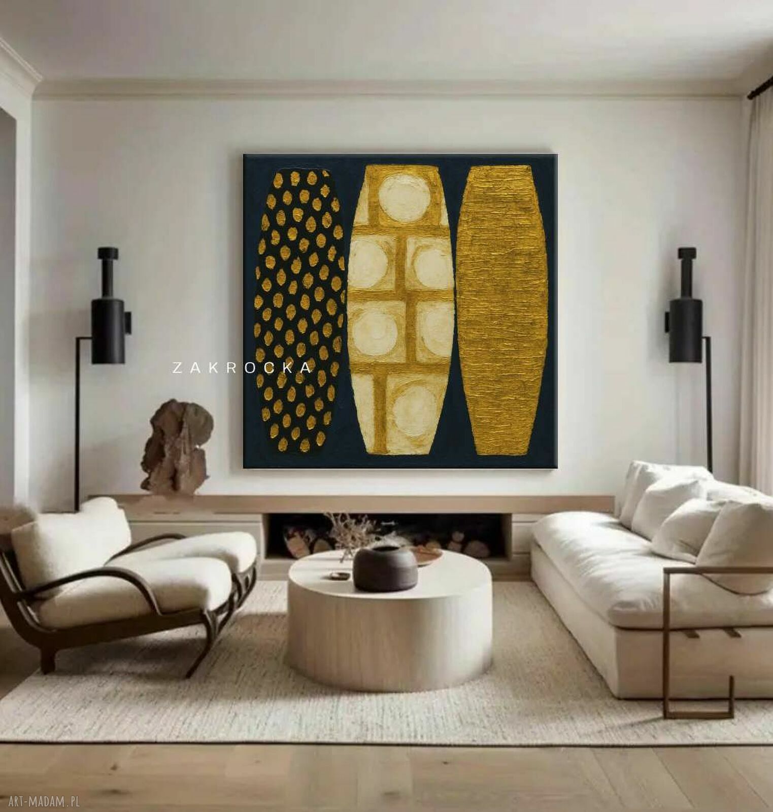 Designerski obraz ręcznie malowany ZARRI 80x80 cm - złota struktura na płótnie