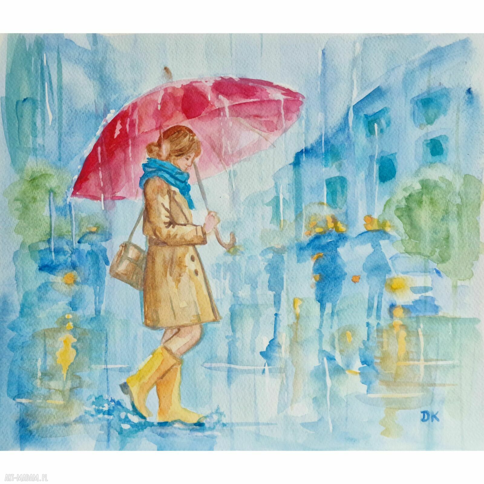 Deszczowy spacer - oryginalna akwarela 40x30 cm (bez ramy)