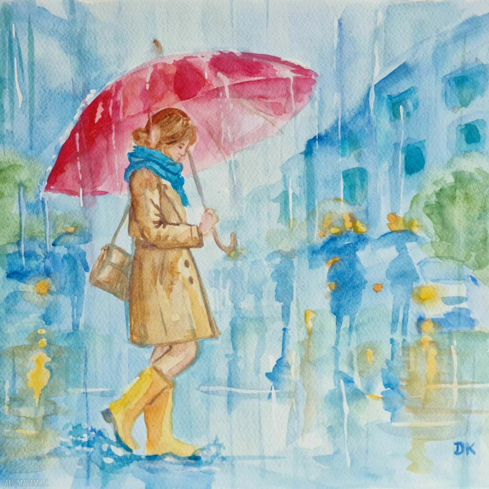 Deszczowy spacer - oryginalna akwarela 40x30 cm bez ramy
