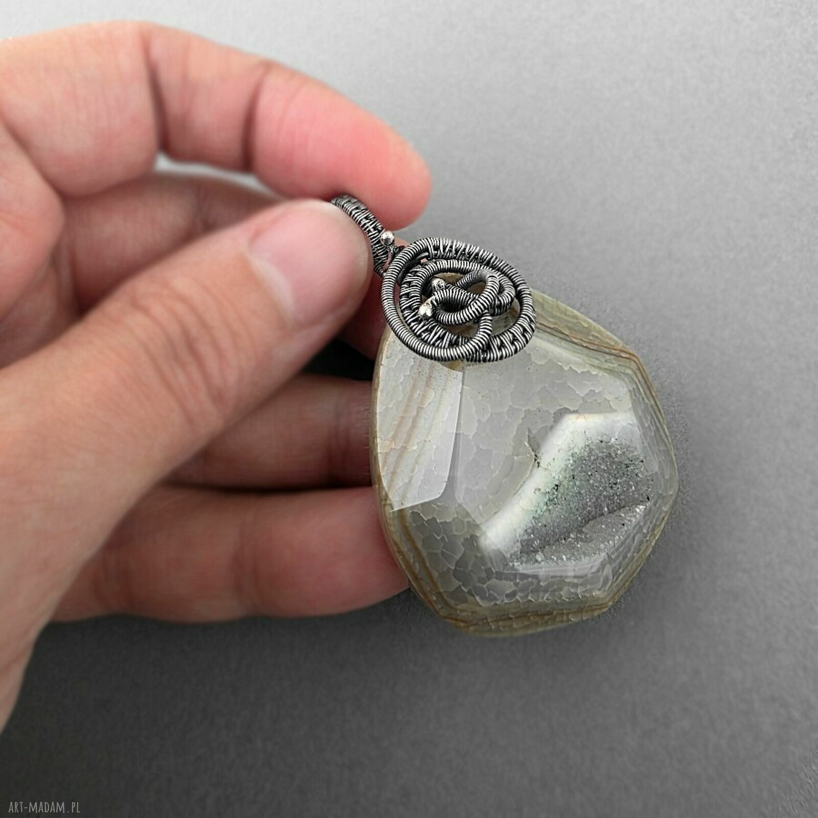 Dina - duży wisior z agatem z druzą (wire wrapping)