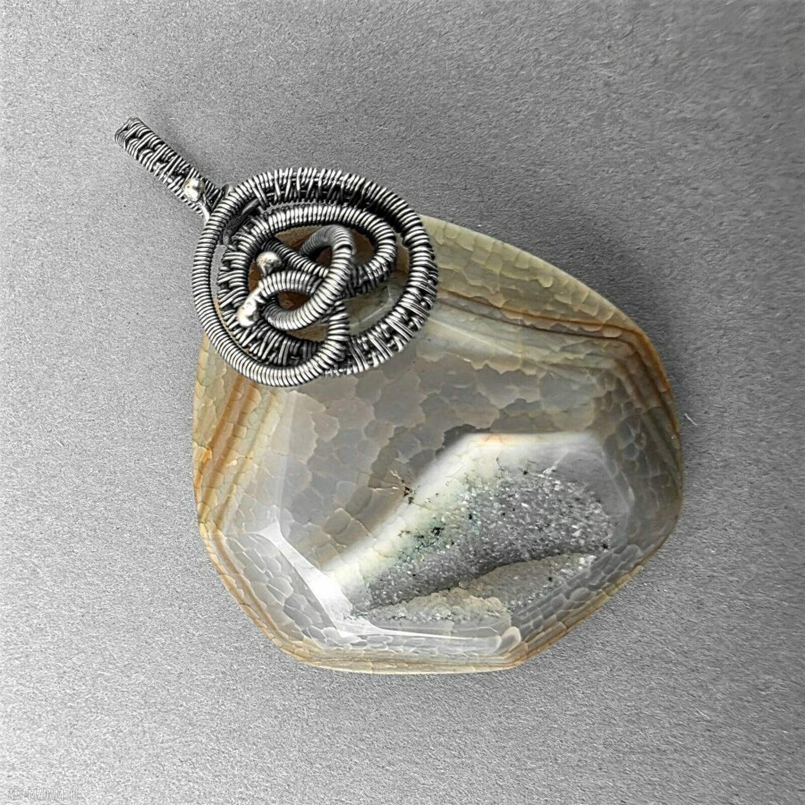 Dina - duży wisior z agatem z druzą wire wrapping