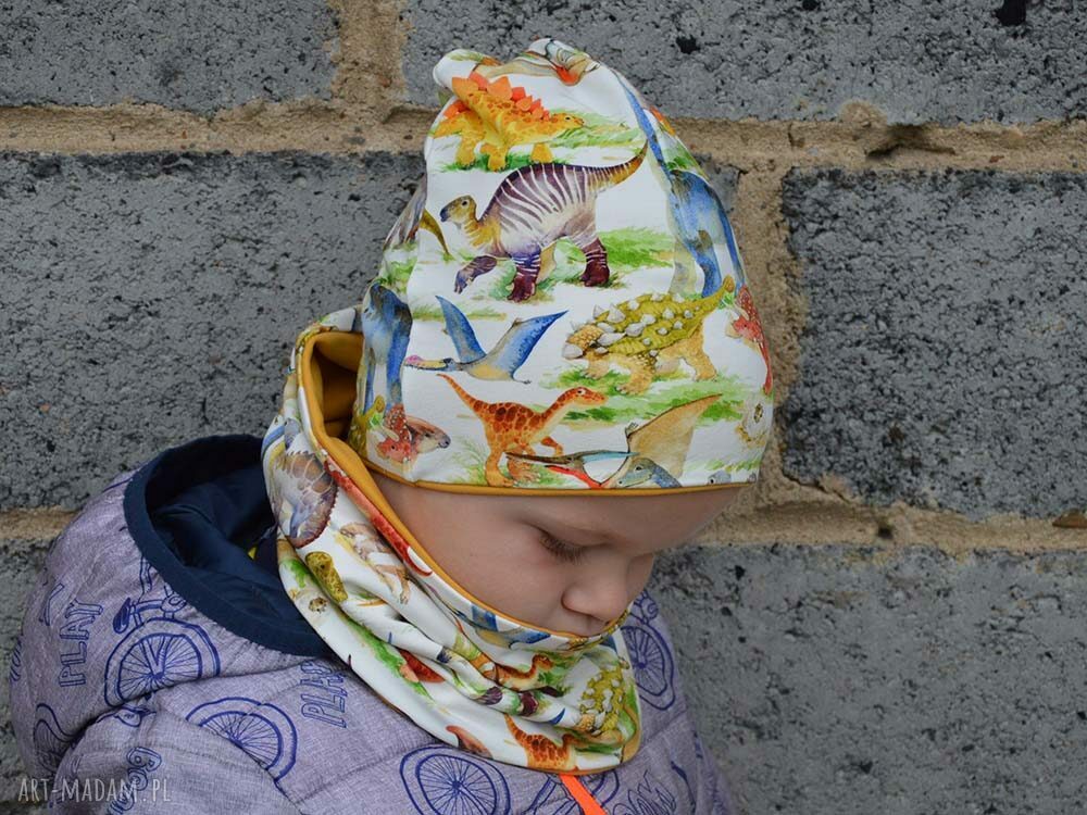 DINOZAURY dwuwarstwowa czapka z kominem na jesień/zimę, 0 -8 lat