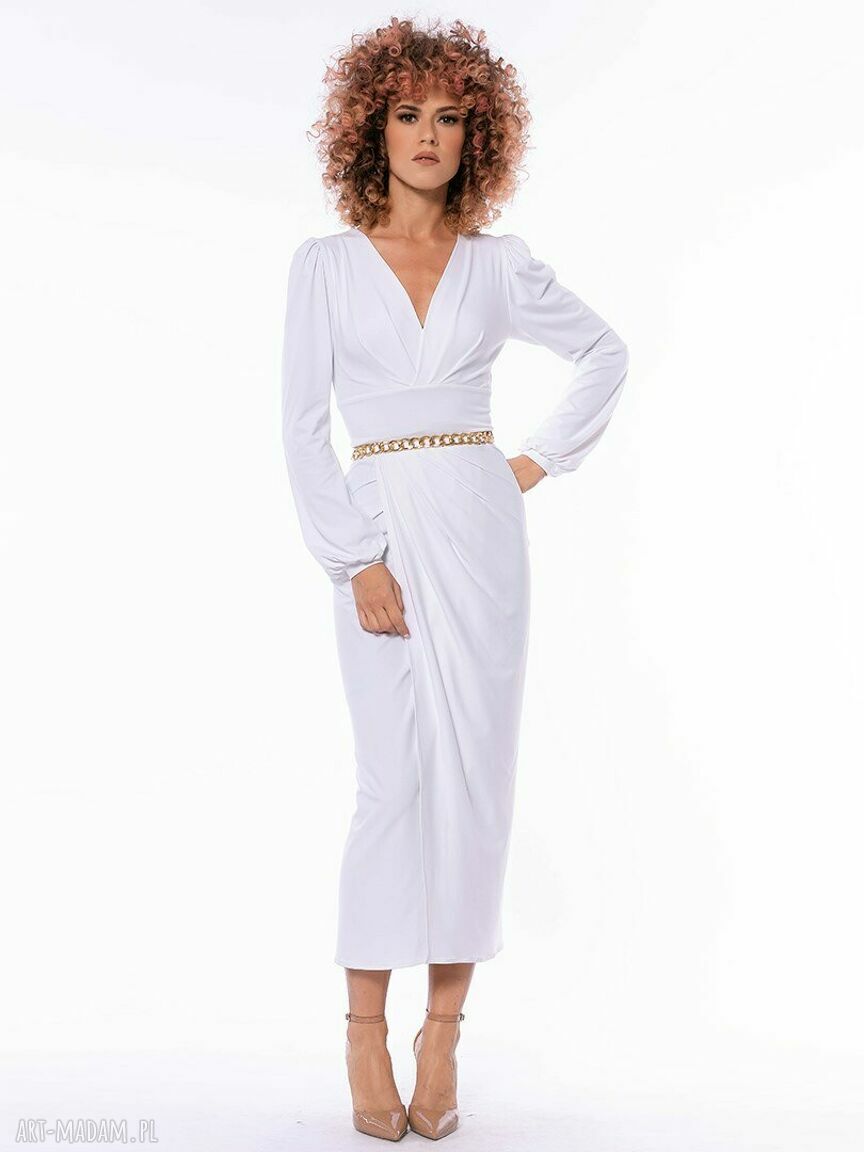 Ślubna sukienka boho Diva White - biała z draperią i bufkami