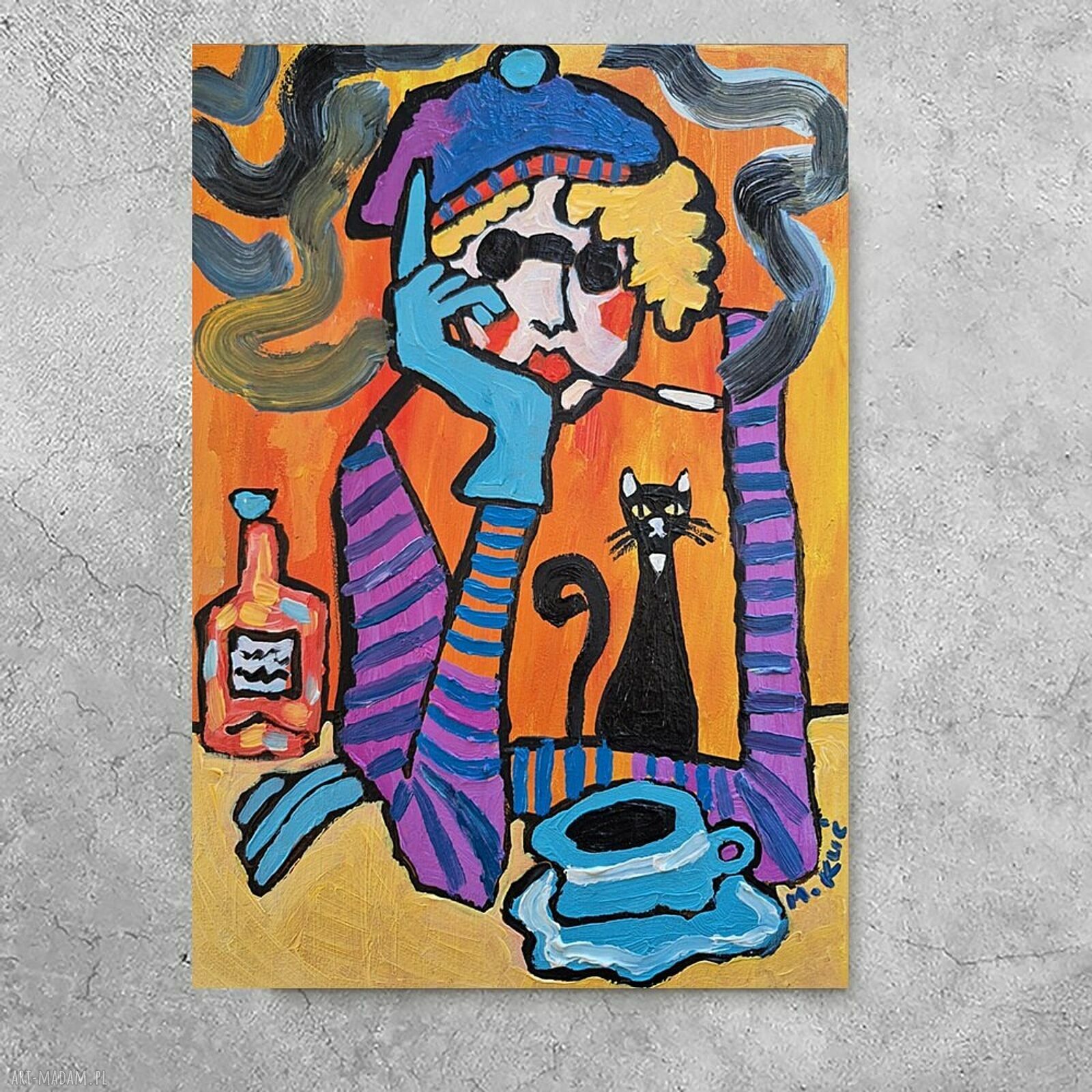 Obraz olejny do salonu "Babcia, czarny kot" - 21x29 cm, limitowana edycja | Carmenlotsu