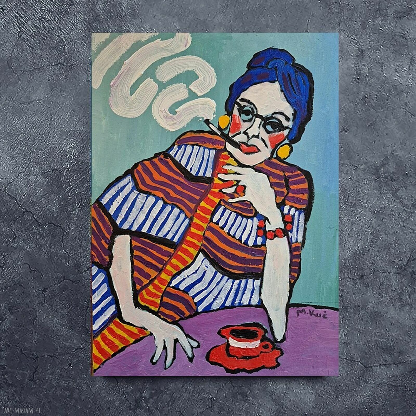Obraz do salonu Babcia - Pasiaste myśli, ręcznie malowany olejny portret 21/29 cm