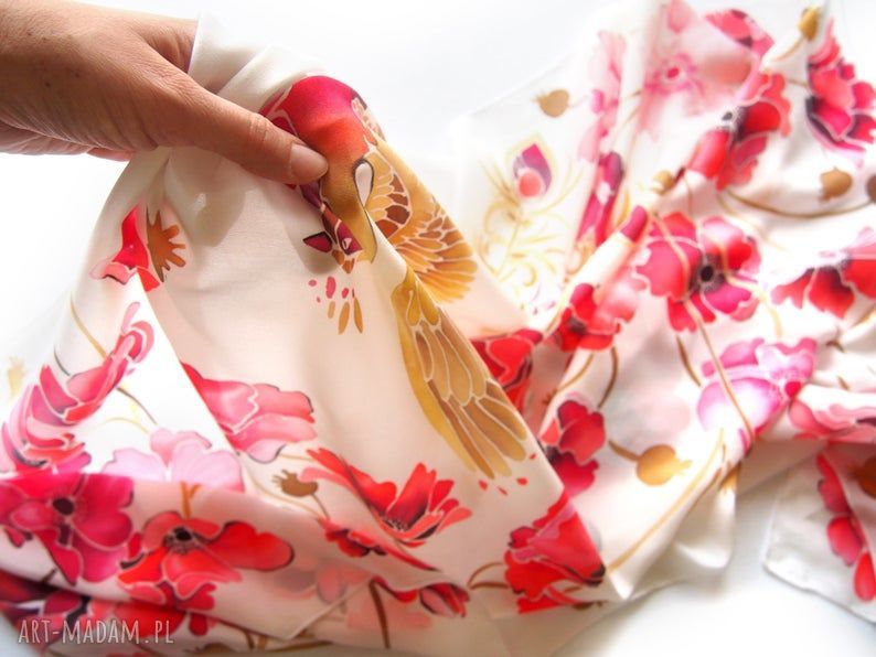 Szal jedwabny Sakura z wiśni niebieski crepe de chine malowany ręcznie