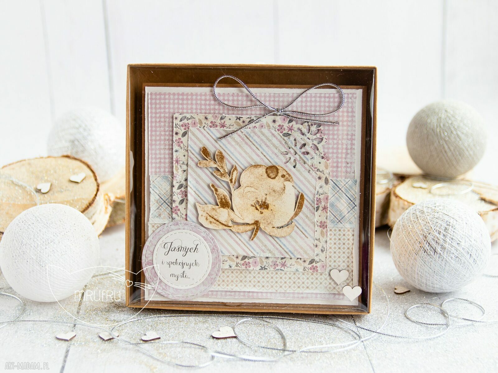 kartki: urodzinowa. Kartka imieninowa. W pudełeczku z efektem szklanej szybki