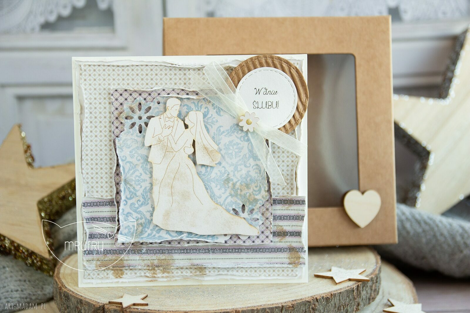 kartki: Piękna rustykalna KARTKA ŚLUBNA w pudełeczku. Niezwykła pamiątka z okazji