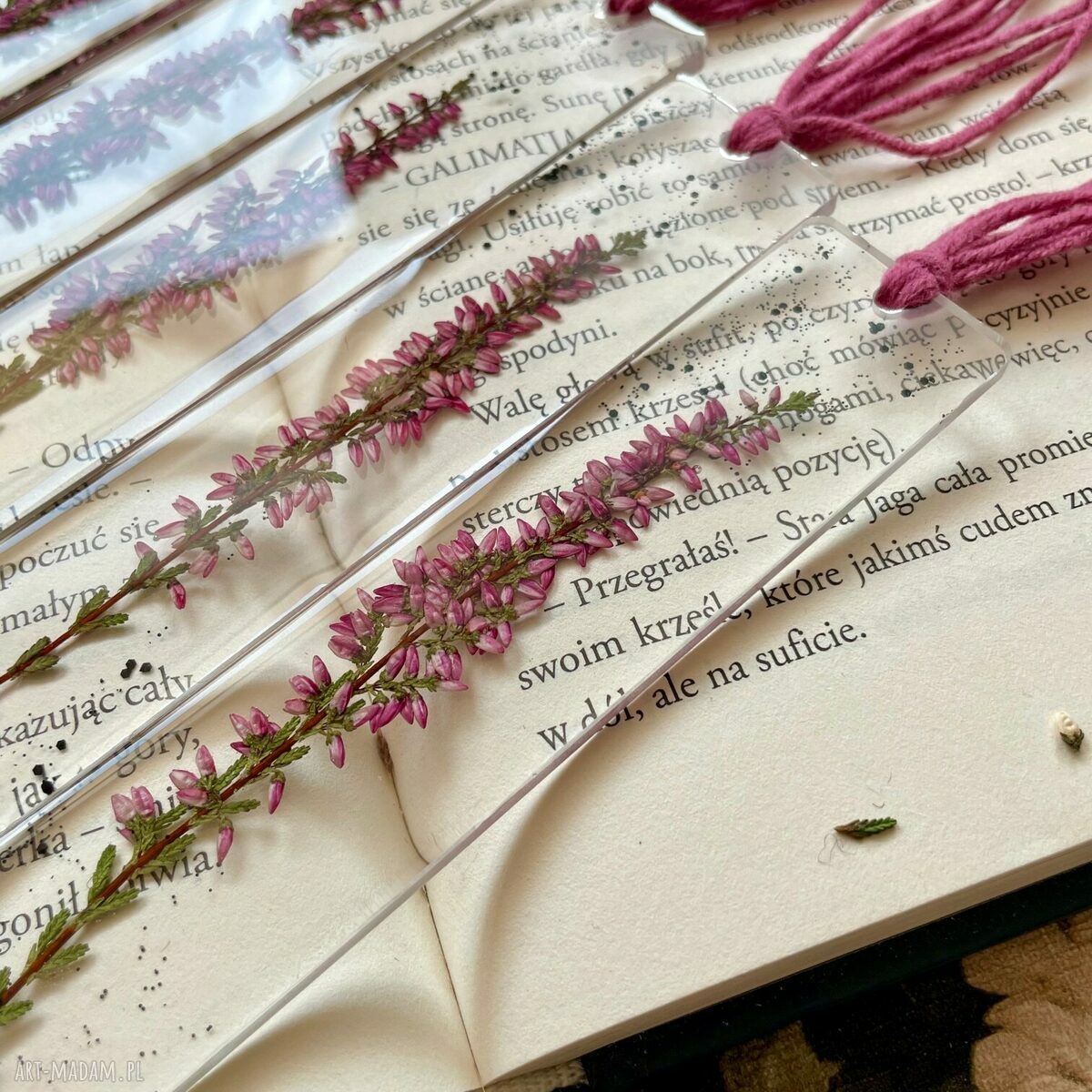Zaczytany Wrzos zakładka z prawdziwą rośliną handmade