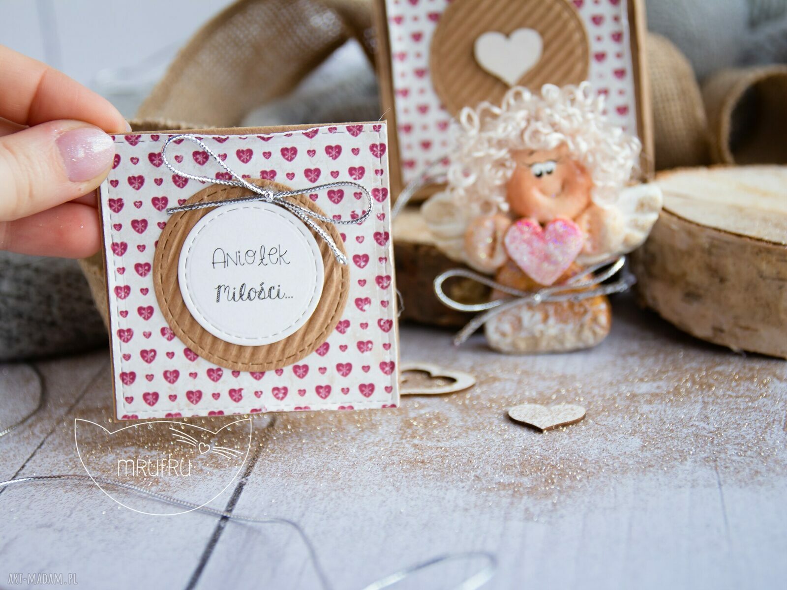 scrapbooking kartki: Aniołek MIŁOŚCI. Personalizowana mini kartka, pudełeczko. Ręcznie robione